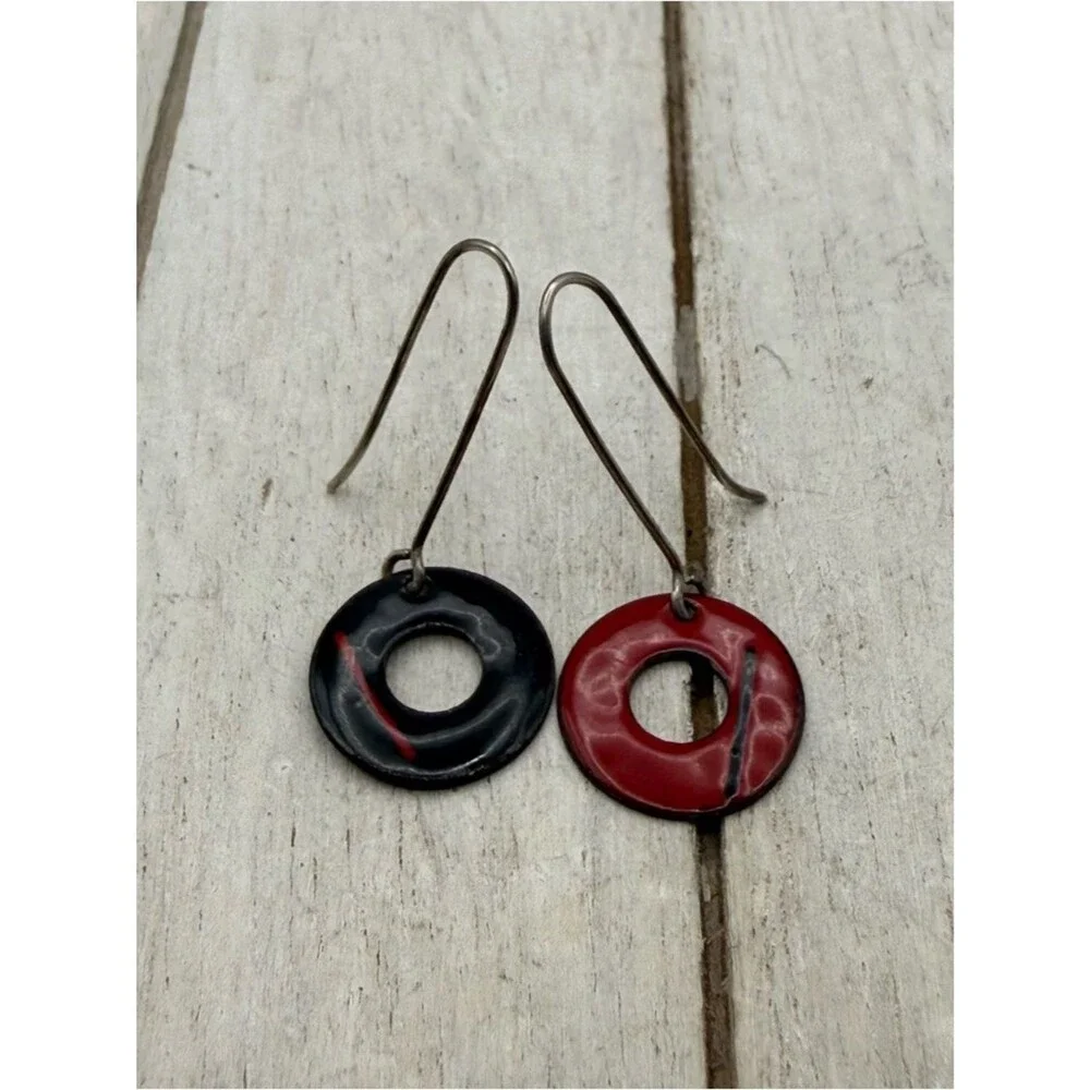 Pop art Handcrafted Red and Black Enamel Donut Drop Earrings